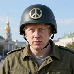 boris johnson with peace symbol military helmet on, in kyiv, realistic, wide shot, sunny lighting, octane render, gq magazine, hyper realistic, high quality, highly detailed, hd, beautiful, cinematic, 8 k, unreal engine, facial accuracy,