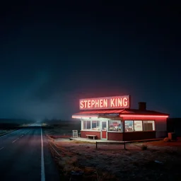 An old roadside diner at the end of an extremely long and dusty road in the middle of nowhere at night, film grain, large format photograph, 8x10 aspect ratio, vibrant colors, by Stephen King, misty, moody, sinister, cinematic lighting, cinematic color grading, 8k render, hyperrealistic, ultra HD, Unreal Engine 5 render