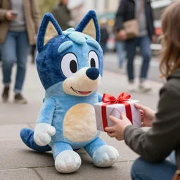 blue'snappy gifts'human - sized plush doll, on sidewalk, giving gifts to people, happy atmosphere, high detail, soft lighting, 8 k
