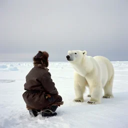 portrait of an inuit observing an ice bear in the arctic tundra, 1 9 0 0 s photography
