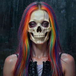hyperrealistic mixed media painting of a victoria secret model skull woman with rainbow hair, stitched together, soft eyes and narrow chin, dainty figure, long hair straight down, combat boots, wet t shirt, wet, raining, dim volumetric lighting, 8 k octane beautifully detailed render, post - processing, portrait, extremely hyper - detailed, intricate, epic composition, cinematic lighting, masterpiece, trending on artstation, very very detailed, masterpiece, stunning,