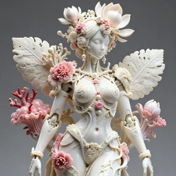 intricate hyper detailed ultra sharp focus 3 d render of a beautiful porcelain ivory fair seductive woman medium shot portrait, close - up, bright 3 point light, alexandre ferra georg loschner white mecha, cyberpunk mechanical haute couture huge fractal mycelum and fungi, bubble coral pink chalice red chilli sponge colonies, huge magnolia goliath head ornaments, big embroidered leaves filigree sinuous roots, octane render, pearl, volumetric cinematic lighting, 8 k, vray tracing
