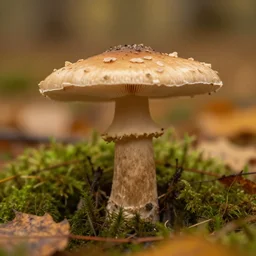 a mushroom in a forest, moss, autumn, warm colors, photograph, 4 k