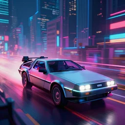 delorean in a cyperpunk city, volumetric lighting, neon colors, glow, trending on artstation, digital art, shot from far