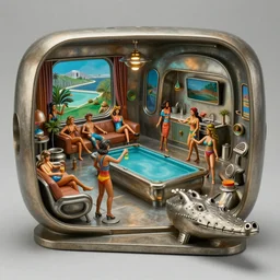 cropped extreme telephoto zoom of!!!!!! metal sculpture!!!!!, depicting a!! futuristic lounge room!! with pool + kitchen + bbq + people partying ( ( ( sculpture styling influenced by norman rockwell + frank frazetta + syd mead ) ) ) ( retro 7 0 s colors, matte metal material, minimal reflections )