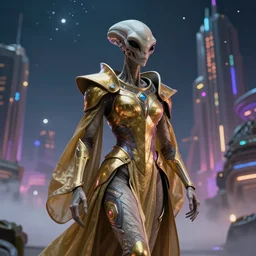 closeup of an alien wearing a long flowing cloth shirt over stylish large futuristic golden plate armor walking to a tall alien city!! in the background, night sky with stars, light fog, beautiful colorful, anamorphic movie still