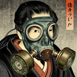 Gas mask in Ukiyo-e style, haunting + insanely detailed and intricate, movie poster style,