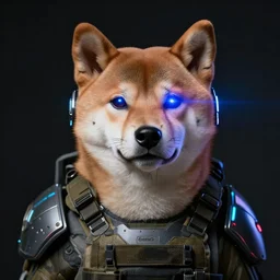 realistic anthropomorphic shiba inu visible face, tactical military neon laser exoskeleton armor, neon laser eyesight, science fiction, dark, portrait by donato giancola and greg rutkowski and wayne barlow, realistic face
