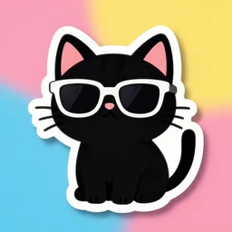 a black cat sticker with sunglasses on a colorful background. cartoon. high quality. cute. pretty. unsplash. 4 k. devianart.
