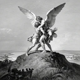 A biblical painting of Jacob suplexing an angel at the top of a mountain by Gustave Doré, black and white palette, Scenic, Dramatic, beautiful shore in background, detailed, suplex, wrestling