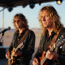 close up photograph of jimmy page and robert plant performing in the atacama desert by mark owen. kodak portra film!!. whirl bokeh!. mamiya 7. highly detailed. hq. photoreal. golden hour. in - frame