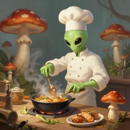 alien mushroom chef cooking a meal, fantasy illustration, detailed digital painting, trending on artstation