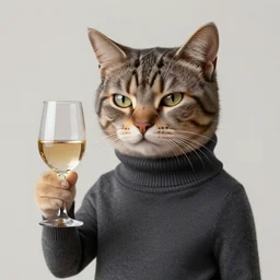 intellectual cat, wearing turtleneck, looking smart, holding glass of wine, pompous expression, digital art