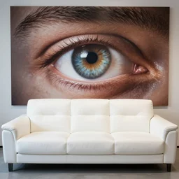 photograph of a white leather couch with a huge photograph of a human eye on the wall behind it, ultra wide angle lens, hyperreal, super sharp photography