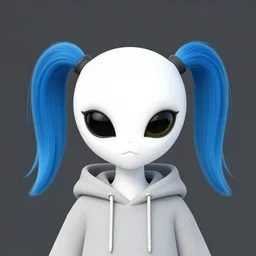 a white alien with blue pigtails with yellow cat eyes wearing a grey hoodie, simplistic