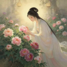 ancient fantasy garden, beautiful woman caring for peonies, fantasy world, ethereal back light, warm global light, mist, coherent composition, detailed fantasy painting, noriyoshi ohrai, yuumei