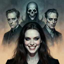 portrait of sanna marin smiling, menacing teeth, by zdzislaw beksinski, by dariusz zawadzki, by john jude palencar, gothic, surrealism, cosmic horror, lovecraftian, cold hue's, warm tone gradient background, concept art, beautiful composition