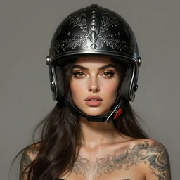 an attractive young tattooed female wearing an black ornate metallic helmet, emily ratajkowski, olive skin, long dark hair, beautiful bone structure, intricate, elegant, highly detailed, digital painting, artstation, concept art, smooth, sharp focus, illustration, art by artgerm and greg rutkowski and alphonse mucha