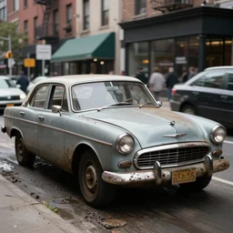street photography by saul leiter, in a muddy new york high quality street, award winning photo of an ultra detailed high quality vintage dirty car speeding very fast, fast shutter speed, motion blur, tiny gaussian blur, highly detailed, highly intricate, depth of field, trending on top gear