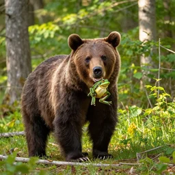 vibrant, beautiful, award - winning, photograph of a bear holding a frog in a forest,. daytime, sun light, natural light, outdoors, long shot, wide shot, full shot,