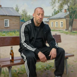 vin diesel in an black sport adidas suite sits on a bench with a bottle of beer in the courtyard of a provincial russian town, oil on canvas, naturalism q