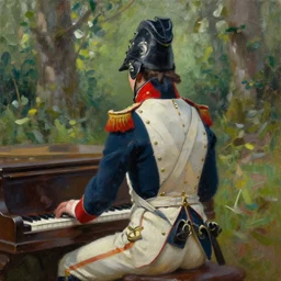 ultra realistic painting of a napoleonic soldier sitting on a piano inside of a forest, thick brush strokes, visible paint layers, taken from the back of the soldier.