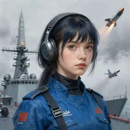 portrait of bluepunk airforce girl, on board of warship, missile at sky, fog, highly detailed, digital painting, face detail, sharp focus, art, illustrations by loish and ayanamikodon and irakli nadar and rossdraws and wlop