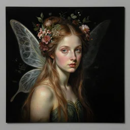 portrait of a fairy with floral background on black paper : : by elena masci, nychos, giuseppe arcimboldo, tom bagshaw : : digital art, portrait, illustration, photorealism, hyperrealism, hyper - maximalist, high fantasy, surrealism, negative space, intricate detail, muted, natural tones, weta, wlop, deviantart, imaginefx