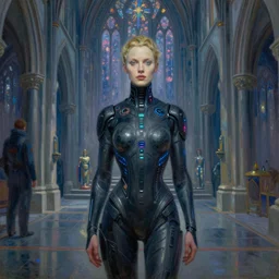ava gardner in a cyberpunk cathedral by greg rutkowski and claude monet, oil on canvas