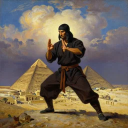 a close dark orientalist portrait of an egyptian / arabic style kung fu - monk in a fighting stance on top of a pyramid overlooking the ancient ruins city of luxor at dusk under dramatic skies with billowing cumulus clouds, painted by anders zorn, craig mullins and norman rockwell