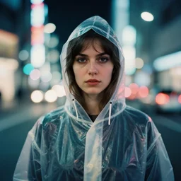 A frontal face photography of Caucasian woman wearing a transparent raincoat with hoodie on. Aesthetic Tokyo Retro. cyberpunk city night photography city. close up. kodak ektar film. Depth of field. whirl bokeh. detailed. hq. realistic. Moody. Filmic. lens flare. Leica M9, Canon EOS R3, f/1.4, Film grain, 1/160s, 8K, RAW, unedited, symmetrical balance, in-frame