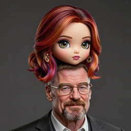 chibi woman on walter white's head, digital art, photorealistic, fine details, intricate, highly detailed, trending on artstation, ultra detailed, colorful