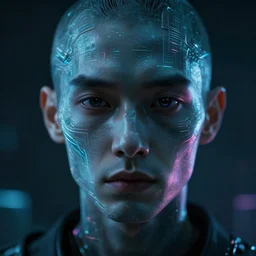 portrait of AI. sci fi. Vaporwave. Male face. Sentient digital human. Thriller.