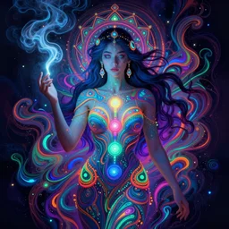 psychedelic [ [ chemiluminescence ] ] elegant woman chakra spirit with smoke and fluid dynamics, colorful, psychedelic, ornate, intricate, digital painting, concept art, smooth, sharp focus, illustration, blacklight reacting, art by artgerm and greg rutkowski