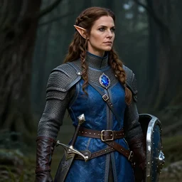 detail body portrait of pretty girl chain mail, blue surcoat tabard, female, middle age, fantasy, dark forest, digital art, award winning, scabbard, shield, saphire medallion leather gloves, wide belt, elf, long weaving brown hair, celshading, sharp focus, intricate, looks right by loles romero, greg rutkowski, ilya kuvshinov