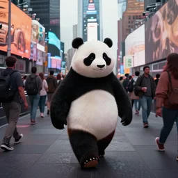 a gangster panda strolling in new york time square, surrounded by many citizens, detailed, melancolic, digital art,