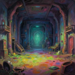 Colorful, creepy Craig Mullins landscape painting of detailed interior of giant deserted liminal space, basement floor, anime key visual