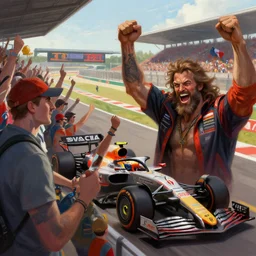 people cheering at a formula 1 race, painting in the style of boris vallejo and Jeff Easley, digital art, photoshop, trending on artstation