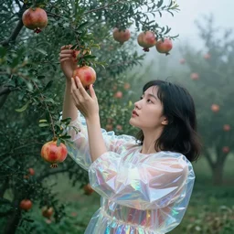 a closeup portrait of a woman wearing a dress made of iridescent holographic vinyl, picking pomegranates from a tree in an orchard, foggy, moody, photograph, by vincent desiderio, canon eos c 3 0 0, ƒ 1. 8, 3 5 mm, 8 k, medium - format print