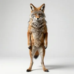 (man) with a coyote head and furry body standing in a plain white room studio photo