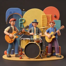 the band played all night long, retro - vintage, mixed media with claymorphism, spatialism, matte color palette, designed by artstationhq, retro, 3 d shading, low fi,