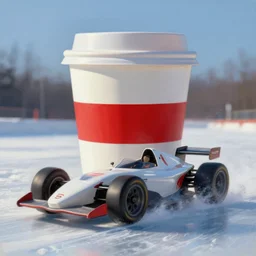 white paper cup with horizontal red strip!!!, as race car on ice!!!, hyperrealistic, highly detailed, cinematic, volumetric sunlight, beautiful, cgssociety, artstation, 8 k, oil painting by greg rutkowski, by artgerm, by wlop