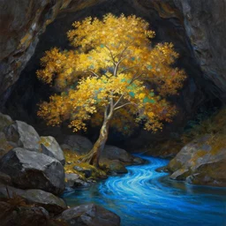 A beautiful, highly detailed, very realistic oil painting of a single tree with rainbow leaves, next to a small river, glowing bright blue in the middle of a huge, very dark cave, with lots of dark grey rocks, oil painting by Greg Rutkowski, golden color scheme.