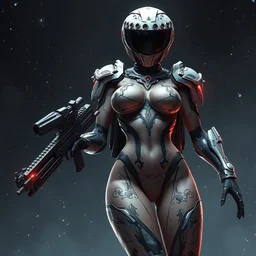 sexy muscular ornate feminine cyborg in full body skin space suit, helmet, concept art, joshua rife, gun, intricate, highlydetailed, space background, artstation 4 k raytracing, shadows, highlights, illumination