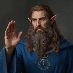 portrait of a middle aged elf with a long beard, brown hair, blue robes with clock iconography, raised hand, detailed face, fantasy, highly detailed, cinematic lighting, digital art painting by greg rutkowski