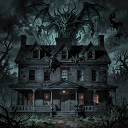 old mansion at night, made in 1 9 2 0 in english cottage style, burned a while ago and now owner is trying to restore it, new england colonial architecture, arkham horror, evil fluid, dramatic, heroic, fear, insane, terrific, insane, drider, hubris, creepy dungeon, lovecraft illustration, particles, by asher brown durand, by yoshitaka amano
