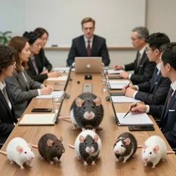 photo of a management board meeting of well dressed rats. Highly detailed 8k. Intricate. Sony a7r iv 55mm. Stock photo.