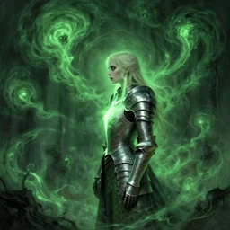 side profile, imogen poots, cursed metal armor, gloomhaven, luminescent, pale green glow, haunted green swirling souls, evil inky swirly ripples, sickly green colors, by greg manchess, huang guangjian, gil elvgren, sachin teng, greg rutkowski, jesper ejsing, ilya kuvshinov
