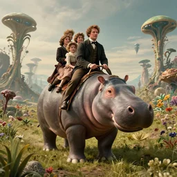 35mm still from a sci fi blockbuster movie made in 2022, set in 1860, of a man riding on the back of an alien hippo, on an alien planet, across an alien landscape that is full of strange wild alien plants and flowers, the family are wearing 1850s era clothes, cinematic lighting, 4k, in focus faces, good quality lighting, good quality photography, oscar winner