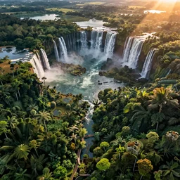 a jungle in amazon, detailed dreamscape, hyperreal phantastic, drone shot, intricate details in environment, golden ratio, high aestehtic, waterfalls and lakes, cinematic light dramatic light, lightrays, in the style of terrence mallick cinematography, trending on artstation